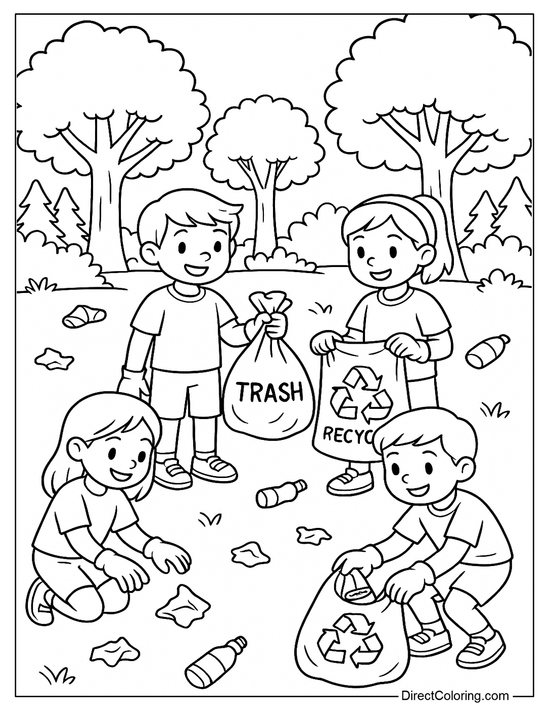 Coloring page of a group of children cleaning up trash in the woods, wearing gloves and carrying sorting bags